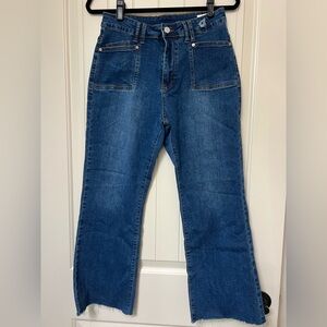 Kunmi high rise, wide leg cropped raw edge hem, distressed jeans, size 8